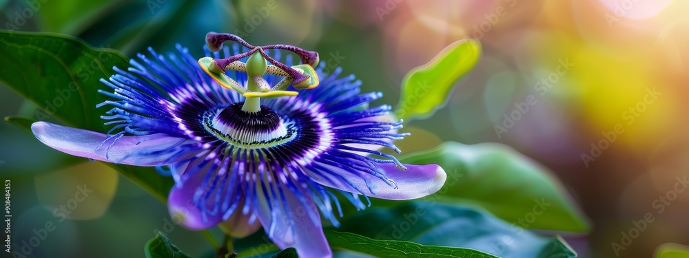  A tight shot of a purple bloom on a verdant branch, sunbeams filtering through overarching green leaves