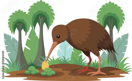 A kiwi bird is searching the ground for insects among the tropical plants and bushes.