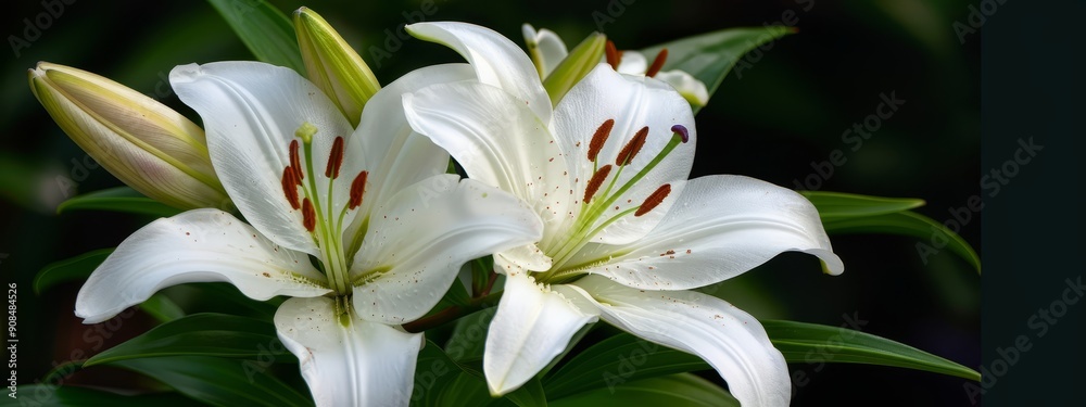 A few white blooms resting atop a verdant plant, generously adorned with numerous green leaves A few white blooms resting atop a verdant plant, generously adorned with numerous green leaves