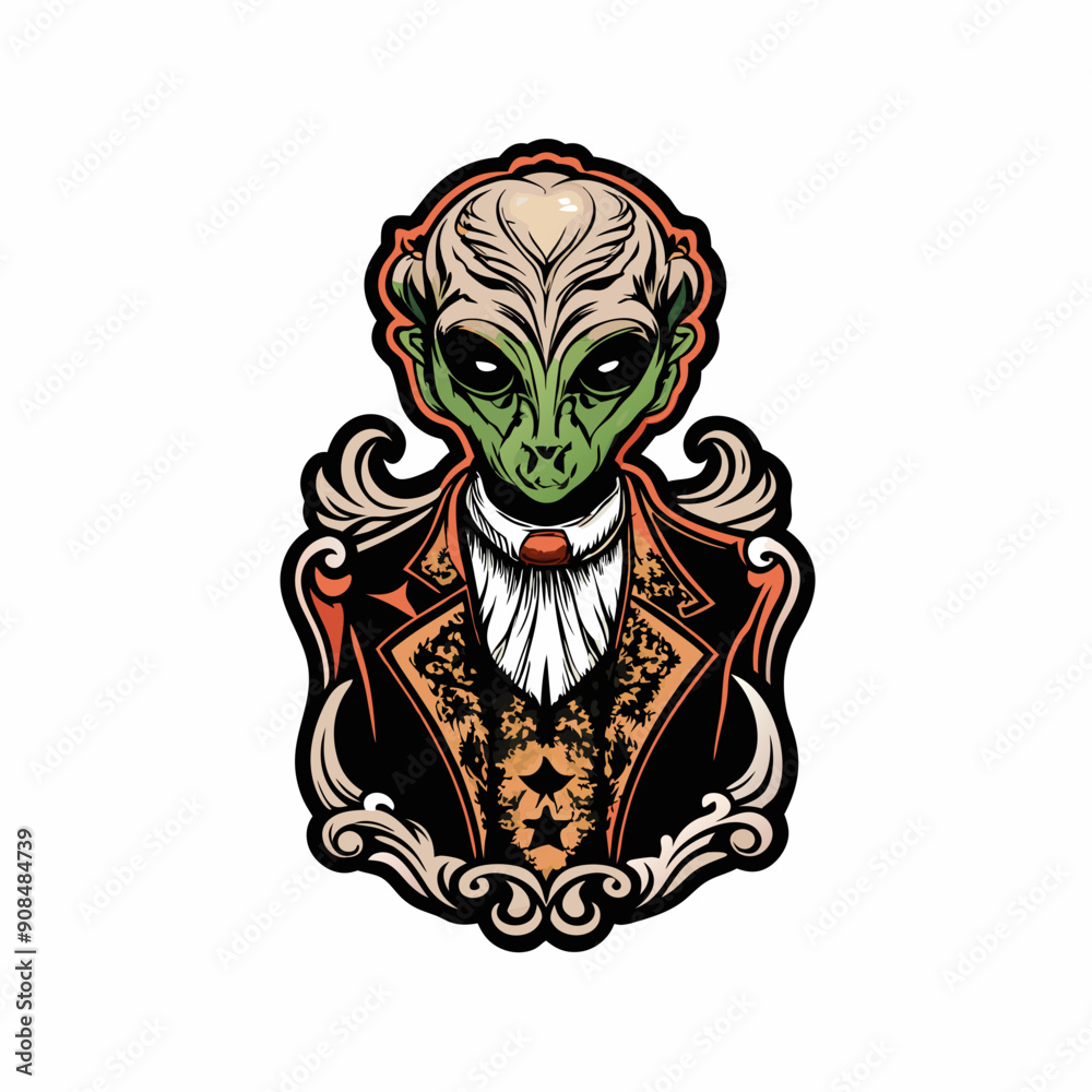An alien being, with large, expressive eyes, dressed in a Victorian era outfit. An alien being, with large, expressive eyes, dressed in a Victorian era outfit.