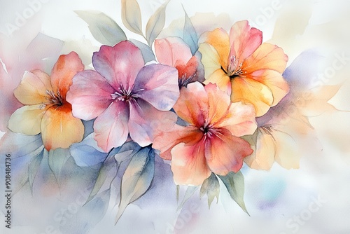 Subtle pastel watercolor flowers, natural color flow, textured and blended