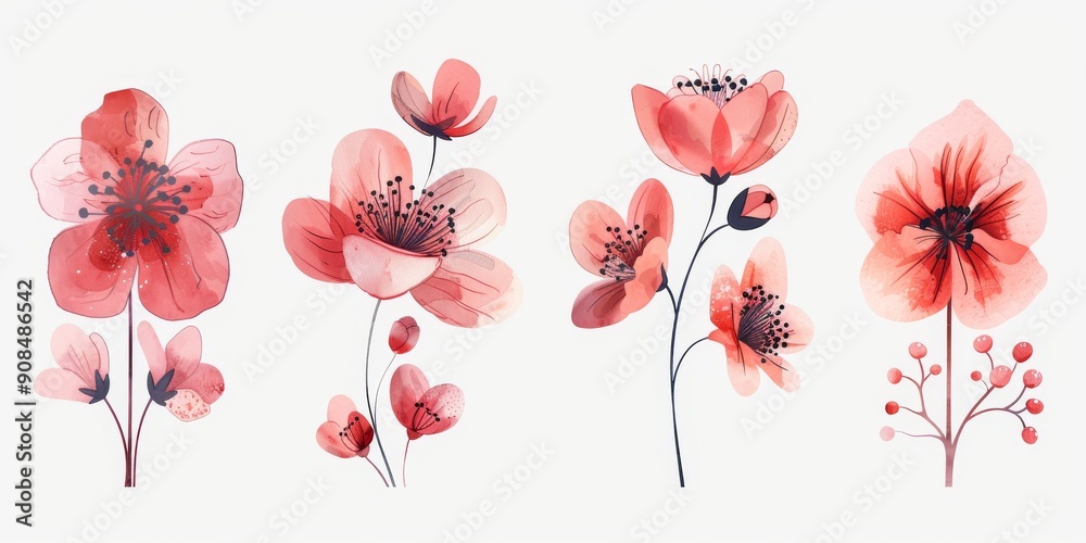 Obraz premium Collection of 2D and 3D Vector Flat Abstract Minimalistic Art of Flowers and Meadow Isolated on a White Background
