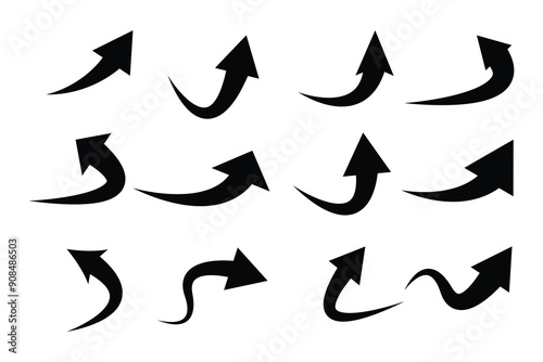 curved arrows. a collection of hand-drawn arrows in various shapes,  styles and  twisted in various directions. Perfect for design and creative projects. Vector illustration.

