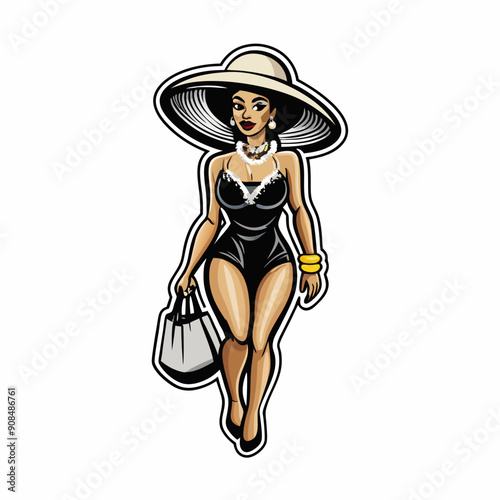 A glamorous woman poses poolside, wearing a sleek one-piece swimsuit.