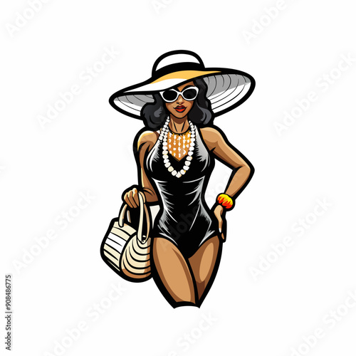 A glamorous woman basking poolside, wearing a sleek, one-piece swimsuit.