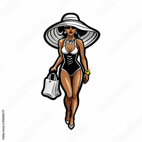 A glamorous woman poses poolside, wearing a sleek, one-piece swimsuit.