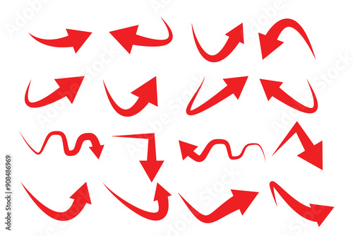 Red ,black Curved arrow set. Curved Arrows sign. Set of curved arrows isolated on white background. arrow twisted in various directions. Collection of pointers. Vector illustration 