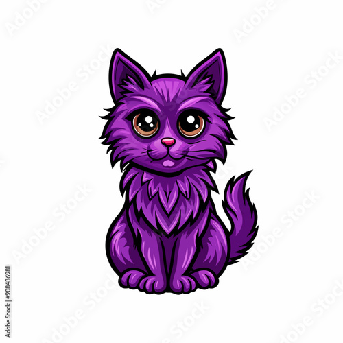 A vibrant purple cartoon cat with large eyes and a playful expression, isolated against a clean white background.