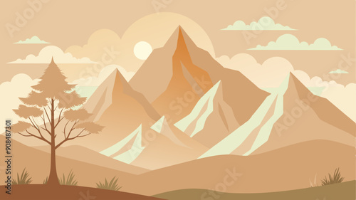 Stunning Mountain Landscape with Tree Silhouette: Perfect for Flat Design Art and Decor