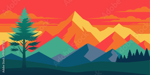 Stunning Mountain Landscape with Tree Silhouette: Perfect for Flat Design Art and Decor