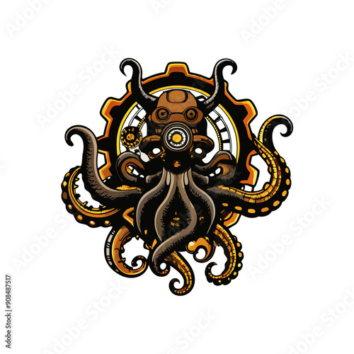 A steampunk inspired kraken with mechanical tentacles.