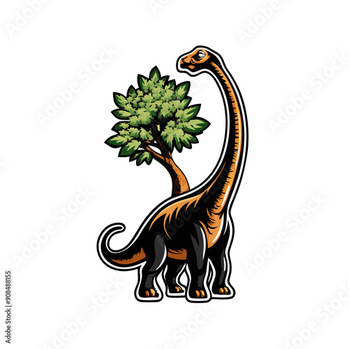 A tall brachiosaurus reaching up to eat leaves from the top of a tall tree.