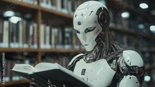 Humanoid robot learning information from a book The evolution of AI in learning about humanity