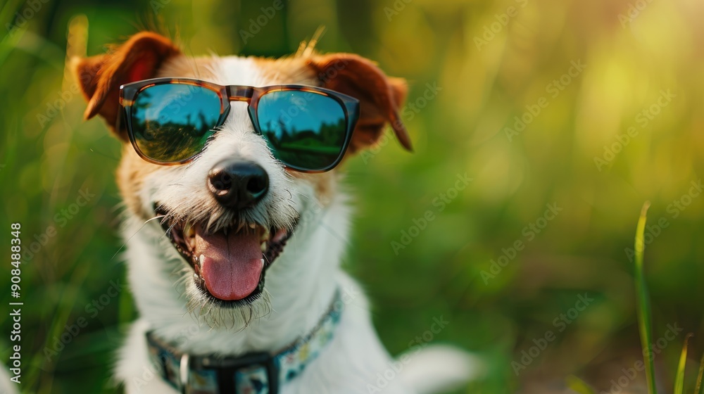 A cheerful dog in round sunglasses, smiling brightly. Green background. The concept of funny pets. A cheerful dog in round sunglasses, smiling brightly. Green background. The concept of funny pets.