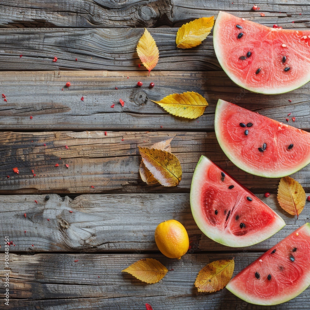 Fresh red watermelon organic fruits on rustic wooden table, close up fresh fruit for healthy lifestyle landscape background Fresh red watermelon organic fruits on rustic wooden table, close up fresh fruit for healthy lifestyle landscape background
