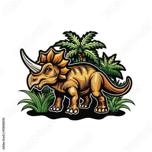 Triceratops in a defensive stance, showcasing its three horns.