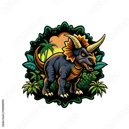 A triceratops in a defensive stance, showcasing its powerful horns and frill.