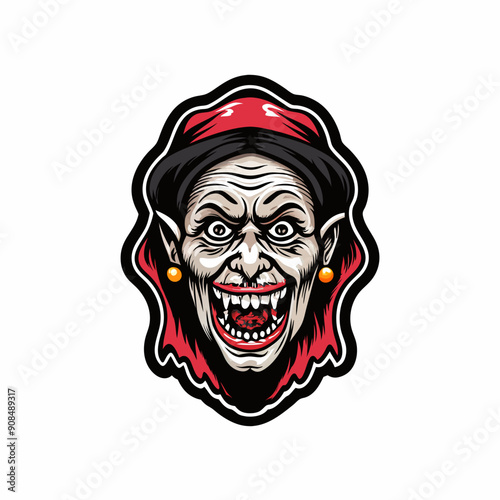 A detailed illustration of a witch wearing a blood-red shucker hat and standing with a less prominent, hatless witch beside her, possibly a sheikh.