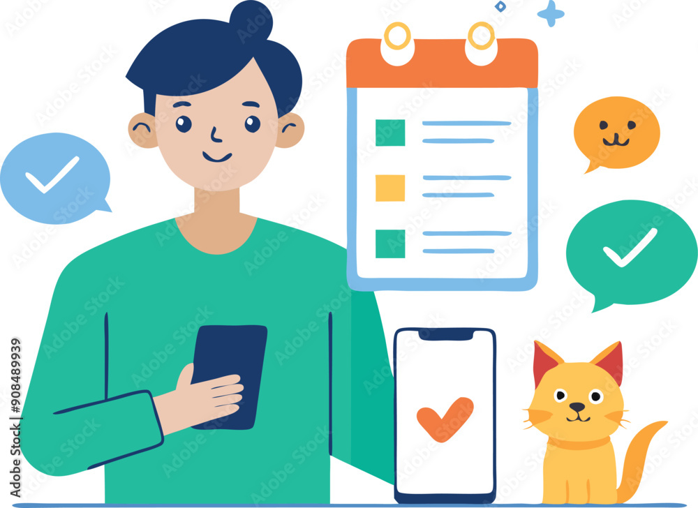 A young man checks his tasks on a smartphone and holds a list while a cat sits beside him, creating a lively atmosphere. A young man checks his tasks on a smartphone and holds a list while a cat sits beside him, creating a lively atmosphere.