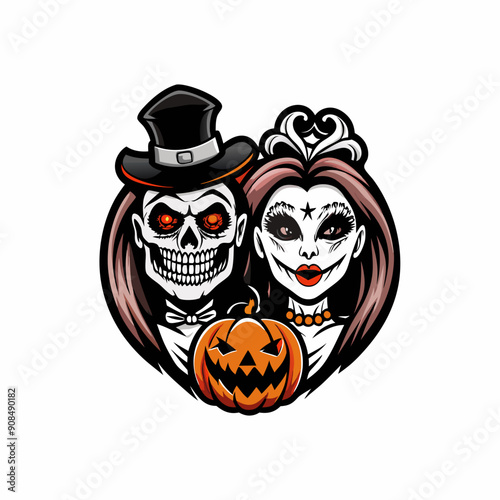 Funny couple dressed as ghosts for Halloween, vector art silhouette logo design.