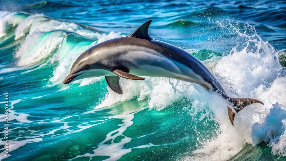 Fototapeta premium Magnificent dusky dolphin arcs out of turquoise ocean waves, its sleek gray and white body glistening in sunlight off the rocky Falkland Islands coastline.