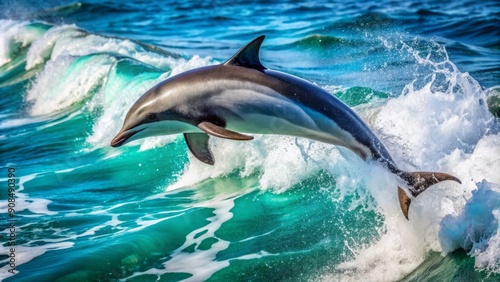 Magnificent dusky dolphin arcs out of turquoise ocean waves, its sleek gray and white body glistening in sunlight off the rocky Falkland Islands coastline.