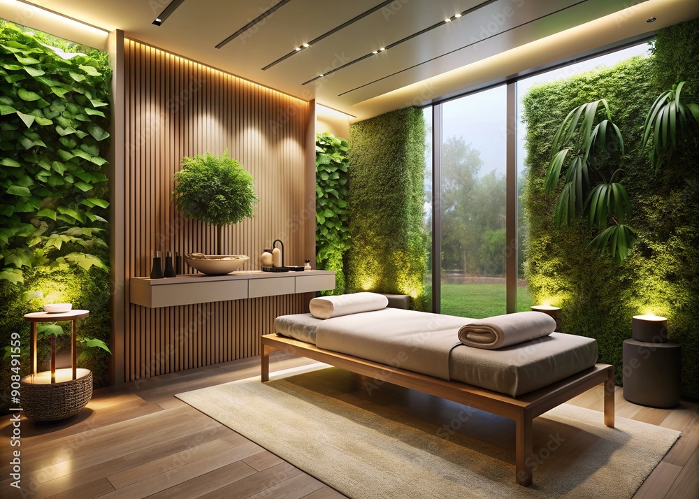 Fototapeta premium Sleek, modern spa ambiance illuminated by soft lighting, featuring a plush massage bed, minimalist decor, and lush greenery, evoking serenity and relaxation.