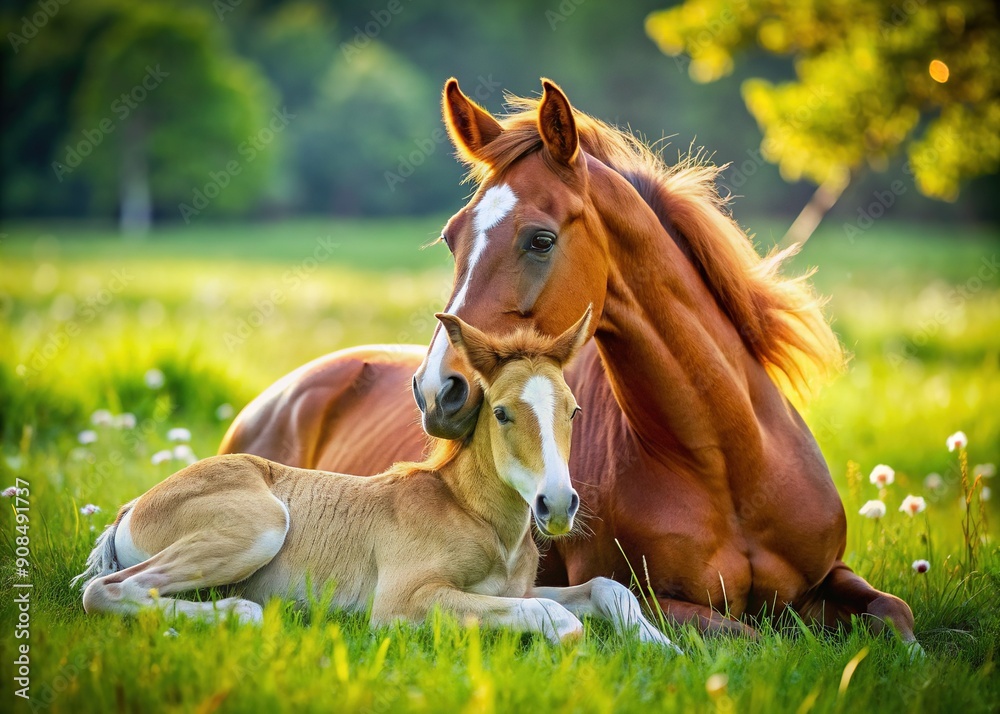 Adorable young foal nuzzles its loving mother as they lazily lie together on a lush, sun-kissed green lawn in a serene summer meadow scene. Adorable young foal nuzzles its loving mother as they lazily lie together on a lush, sun-kissed green lawn in a serene summer meadow scene.