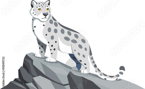 A snow leopard surveys its surroundings from a high rocky ledge, showcasing its striking coat and powerful presence.