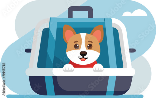 A cheerful corgi puppy curiously looks out from its cozy travel carrier against a light blue background.