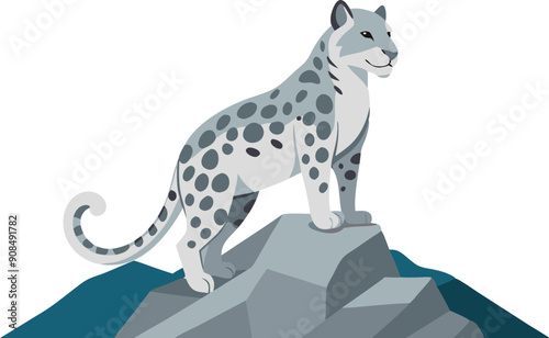 A snow leopard surveys its surroundings from a rocky perch in a tranquil mountain setting.