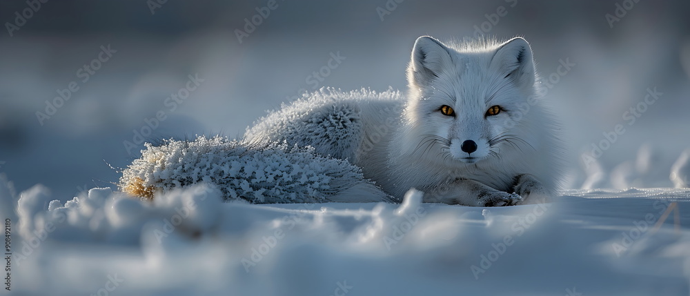 A white fox in a snowy winter, mammal wild animal in south pole's earth, which ungulates that live in the south pole's earth in groups of families or species societies A white fox in a snowy winter, mammal wild animal in south pole's earth, which ungulates that live in the south pole's earth in groups of families or species societies