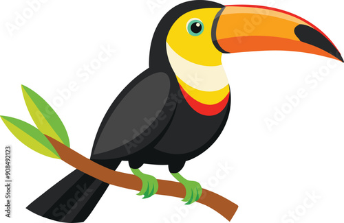 A bright toucan with a distinctive beak rests on a branch surrounded by green foliage.