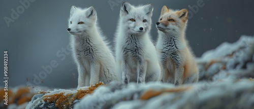 A white fox in a snowy winter, mammal wild animal in south pole's earth, which ungulates that live in the south pole's earth in groups of families or species societies