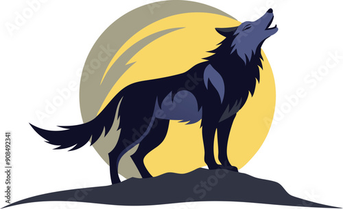 A wolf howls atop a rocky surface, illuminated by a large full moon in a night sky.