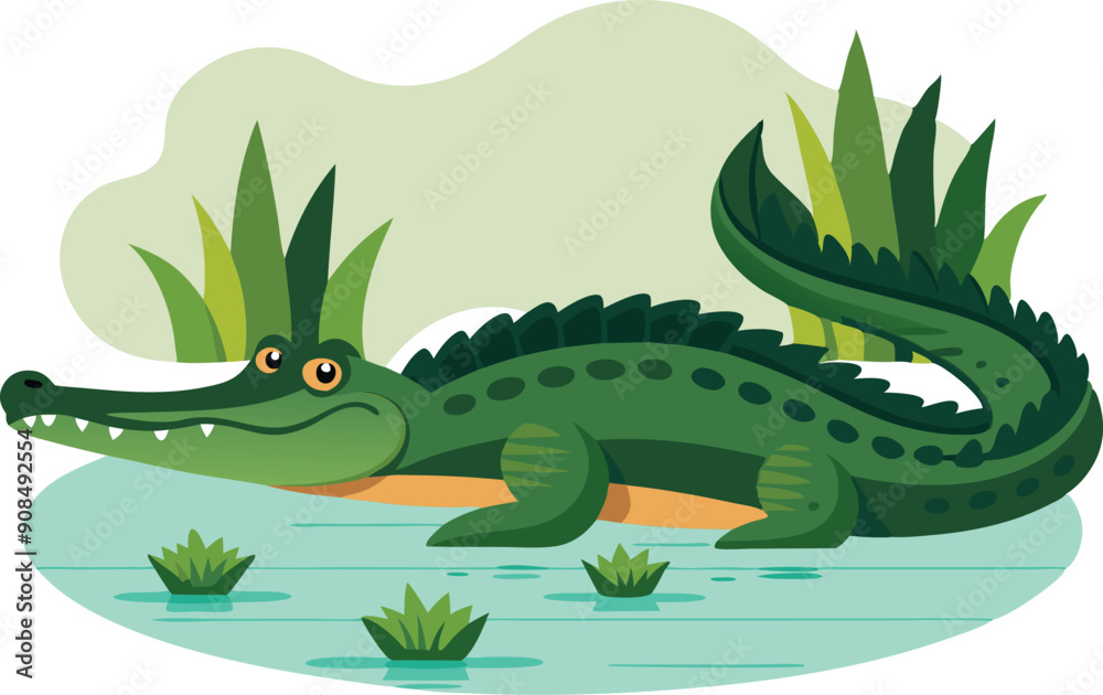 Obraz premium A cartoon crocodile lounges in a small pond among lush green foliage and water lilies.