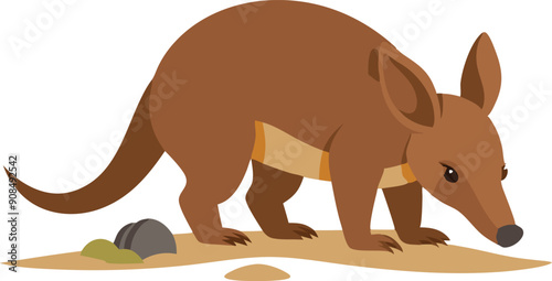 A brown bandicoot searches for food on a sandy ground surrounded by small rocks and vegetation.