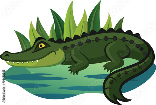 A playful crocodile lounges by the water, enjoying a sunny day near tall green plants.