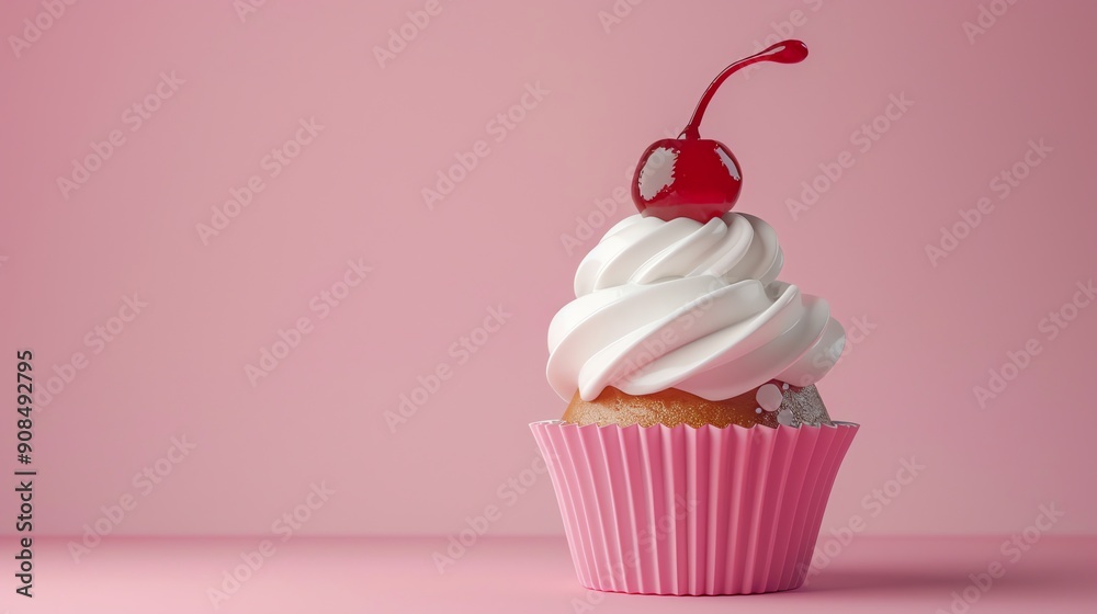 A single cupcake with white frosting and a red cherry on top, against a pink background. A single cupcake with white frosting and a red cherry on top, against a pink background.