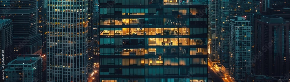 A stunning urban skyline at night showcasing illuminated office buildings with a vibrant city atmosphere.