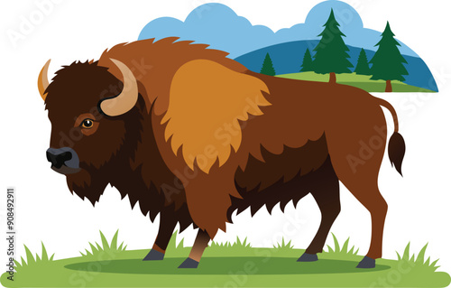 A bison stands proudly on a lush green meadow with trees and mountains in the background.