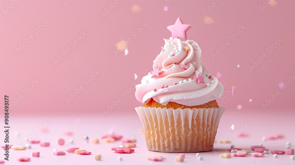 A pink frosted cupcake with sprinkles and a pink star on top, on a pink background. A pink frosted cupcake with sprinkles and a pink star on top, on a pink background.