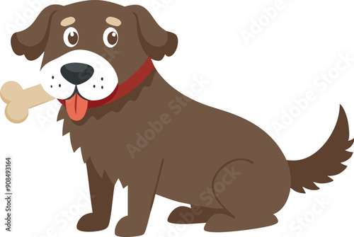A friendly brown dog sits happily with a bone in its mouth, showcasing a cheerful expression.