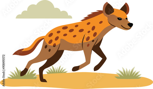 A hyena runs swiftly across a sandy terrain under a clear sky, showcasing its agility in the wild.