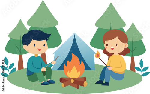 Two children roast marshmallows around a warm campfire near a tent surrounded by lush green trees.