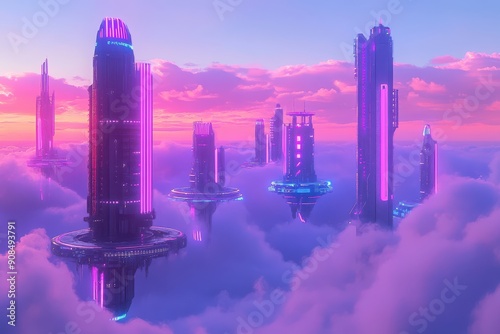 Futuristic Floating Cityscapes, a breathtaking digital scene showcasing vibrant neon-lit cities suspended above the clouds, bathed in the warm glow of a sunset sky. #908493791