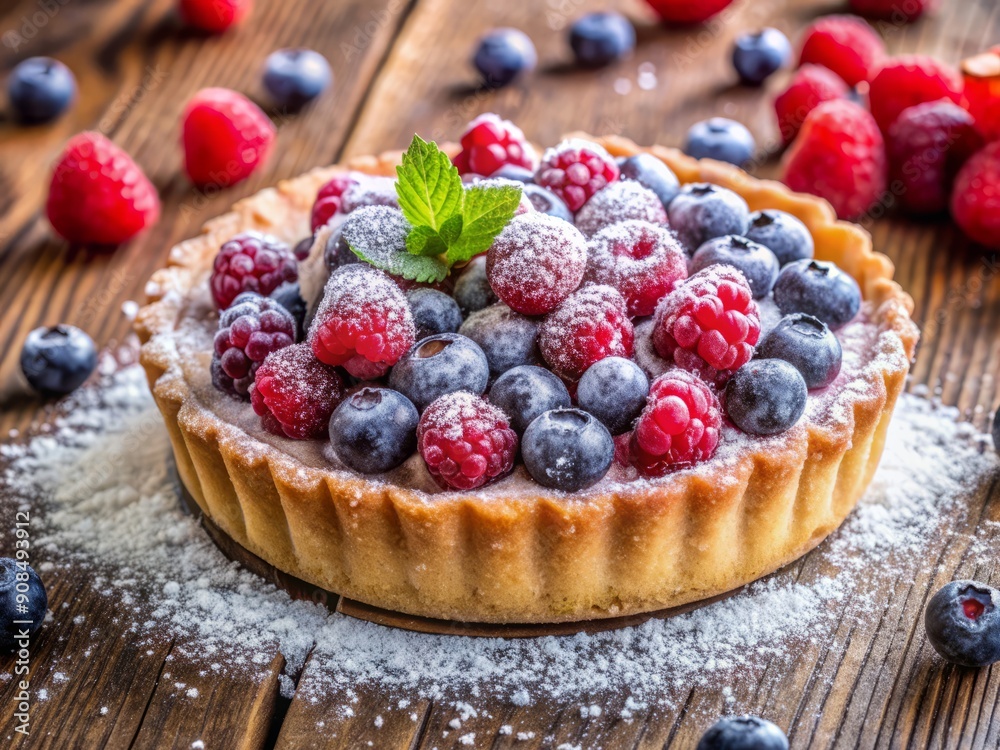 Vibrant blueberries and raspberries adorn a sweet tart, sprinkled with a dusting of icing sugar, creating a colorful and mouthwatering dessert perfect for warm weather. Vibrant blueberries and raspberries adorn a sweet tart, sprinkled with a dusting of icing sugar, creating a colorful and mouthwatering dessert perfect for warm weather.