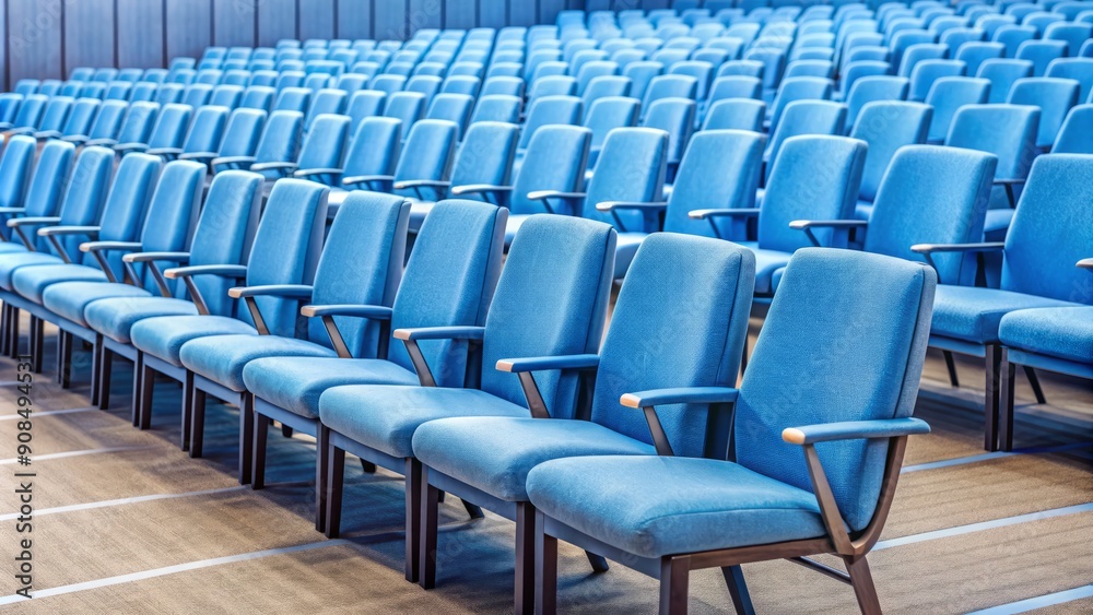 Row of soft blue upholstered chairs await attendees in a vacant auditorium, ready for a conference, presentation, or corporate event, conveying organization and professionalism. Row of soft blue upholstered chairs await attendees in a vacant auditorium, ready for a conference, presentation, or corporate event, conveying organization and professionalism.