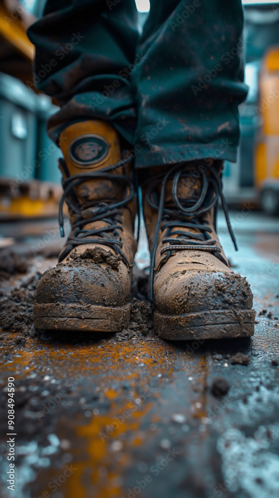 worker working in a warehouse, with safety boots worn out,dirt and mud worker working in a warehouse, with safety boots worn out,dirt and mud