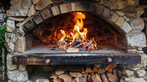 A brick oven with a fire burning inside, ready to cook. photo